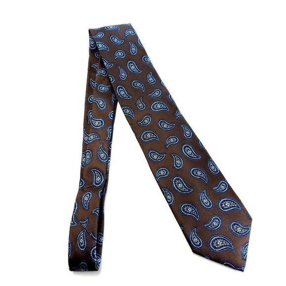 JZ Richards Brown Blue Paisley Woven Long Silk Tie - Picture 7 of 7